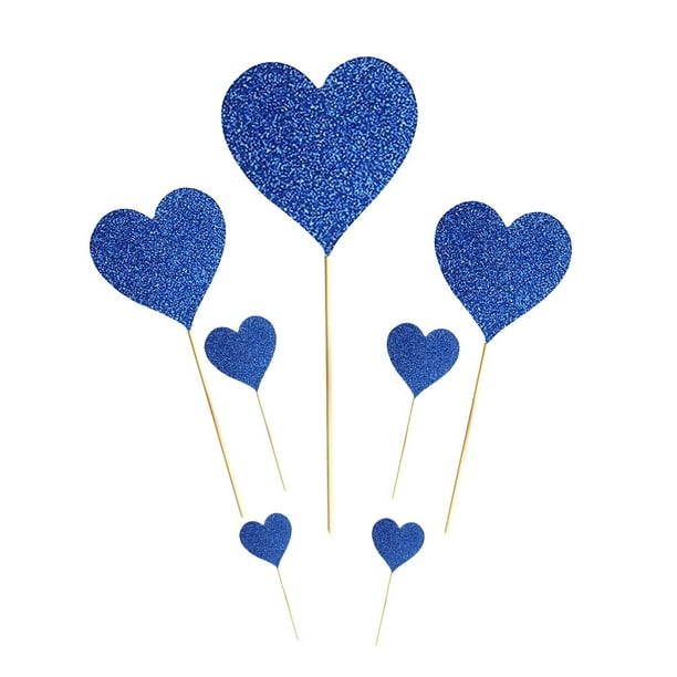 EeaseMX 7 tarjetas con forma de corazón brillante con palillos para decorar tartas, ideales para bodas, cumpleaños y fiestas (corazonado azul).