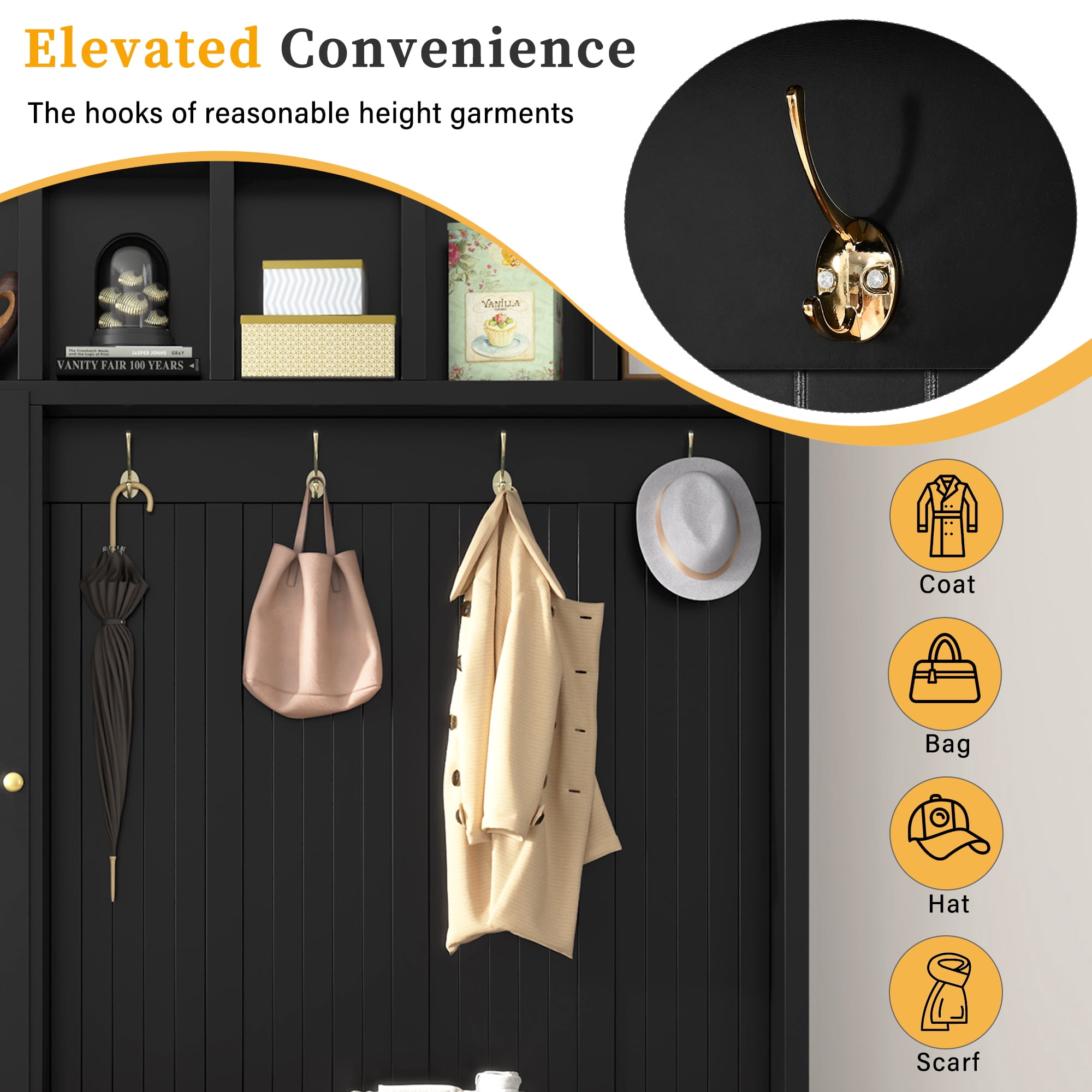 HOQBN 79"H Entryway Hall Tree with 5 Coat Hooks,Shoe Bench & 5 Drawer Storage Cabinet, All-in-One Storage Organizer Coat Rack for Hallway, Living Room,Black