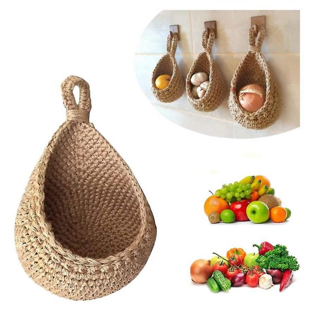 Cesta de frutas y verduras para colgar en la pared, cesta de yute trenzado hecha a mano para frutas y verduras, cesta de almacenamiento colgante para la cocina (pequeña)