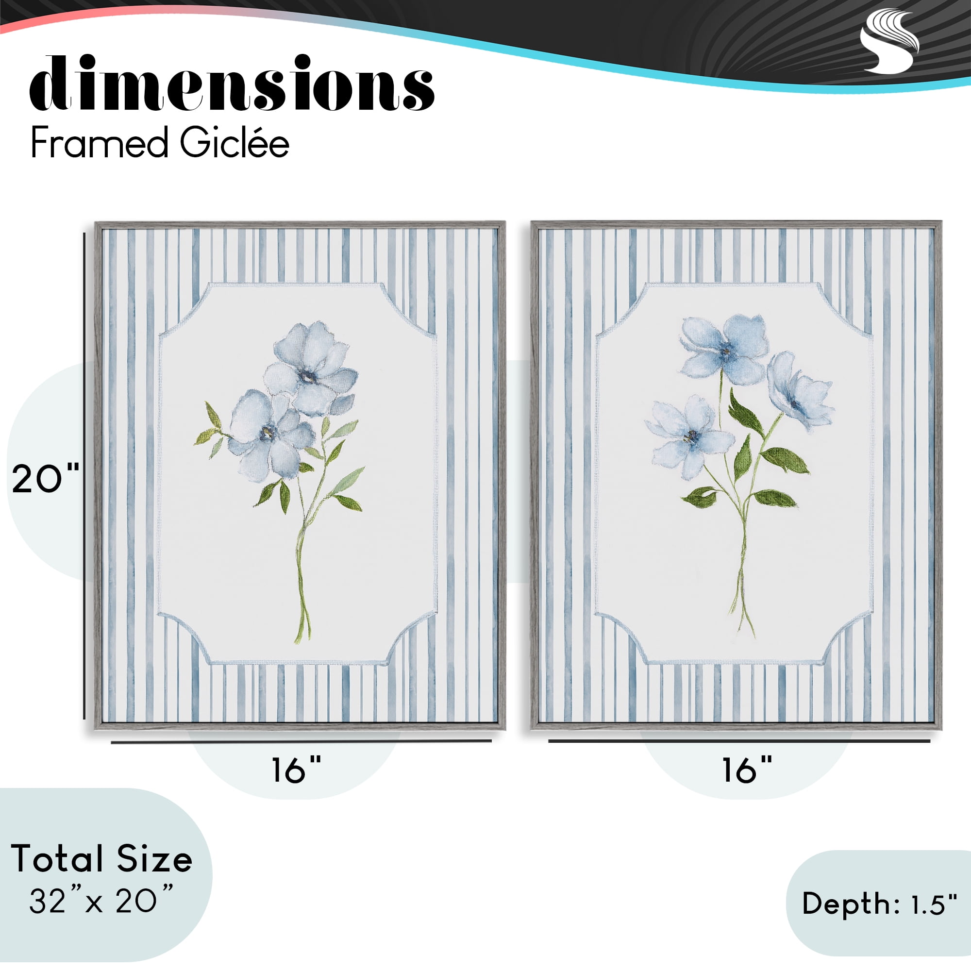 Stupell Industries Blue Blooms & Stripes 2 Piece Gray Framed Giclee Art Set, design by Tava Studios