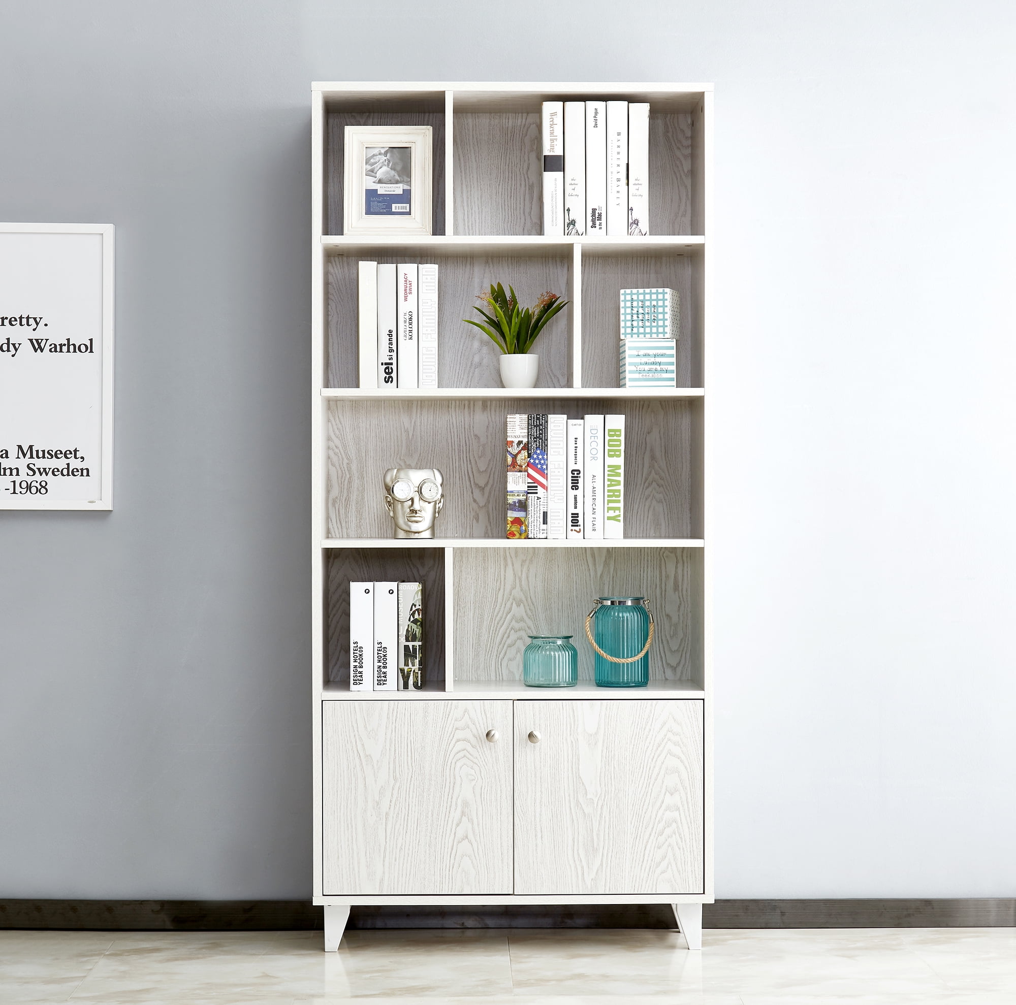 Private Jungle Modern Bookcase with 2 Doors 68" Tall Storage Wooden Bookshelf with 7 Compartments for Home Office,White Private Jungle Modern Bookcase with 2 Doors 68" Tall Storage Wooden Bookshelf with 7 Compartments for Home Office,White