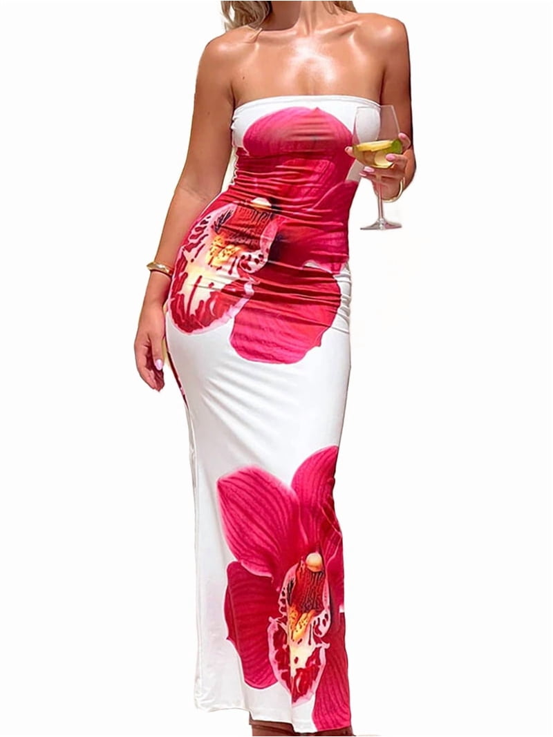 Floral Bodycon Dress for Women Summer Strapless Tube Casual Formal Cocktail Long Dress with Scarf Rose Red L