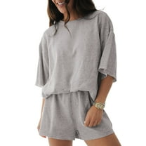 Women's Gray Solid Color 2-Piece Shorts Set - Casual Loose Tee and High Waist Shorts - [ZhiHiMeRi] | (US 12-14)L