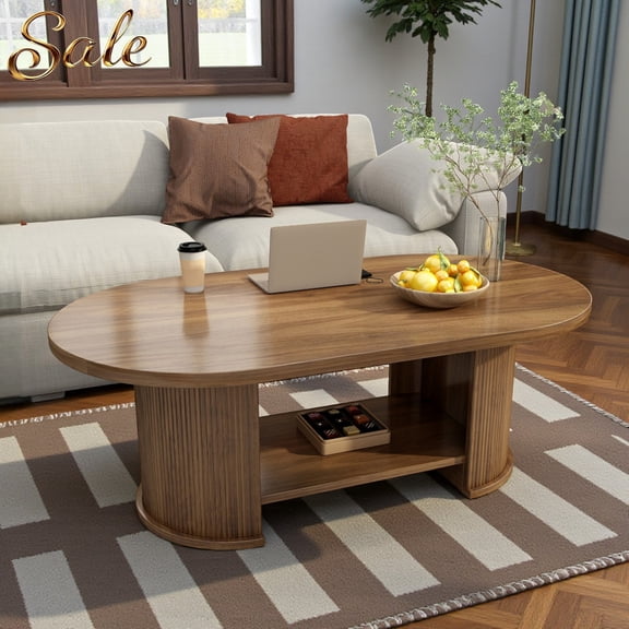 GZXS 47-Inch Oval Living Room Center Table in Walnut Finish, Mid-Century Modern 2-Tier Fluted Coffee Table for Home Office, Easy Assembly