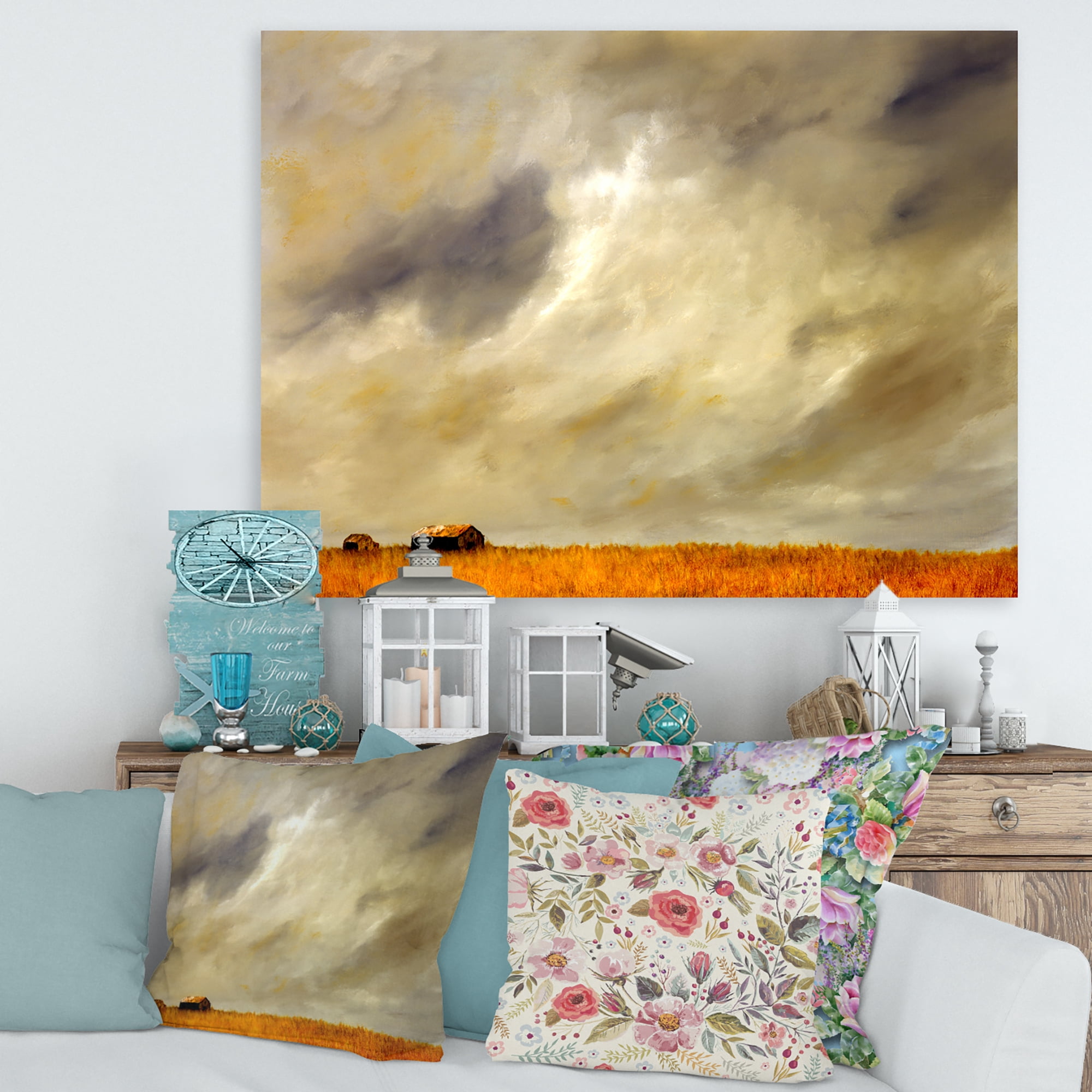 Desert Farmhouse Under Cloudy Sky I 12 in x 8 in Painting Canvas Art Print, by Designart