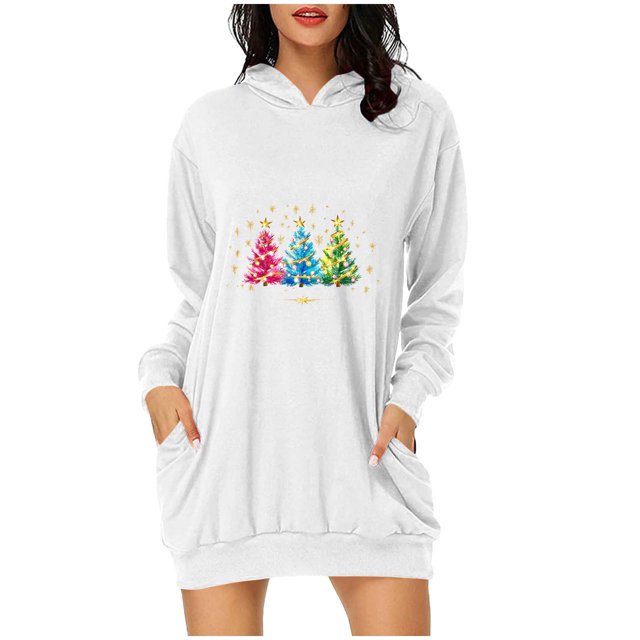 Pisexur Robes pour Femmes Imprimé Arbre de Noël Sweat à Capuche Robe de Soirée Décontractée Manches Longues Mini Robes de Vacances d'Automne pour Femmes avec Poches