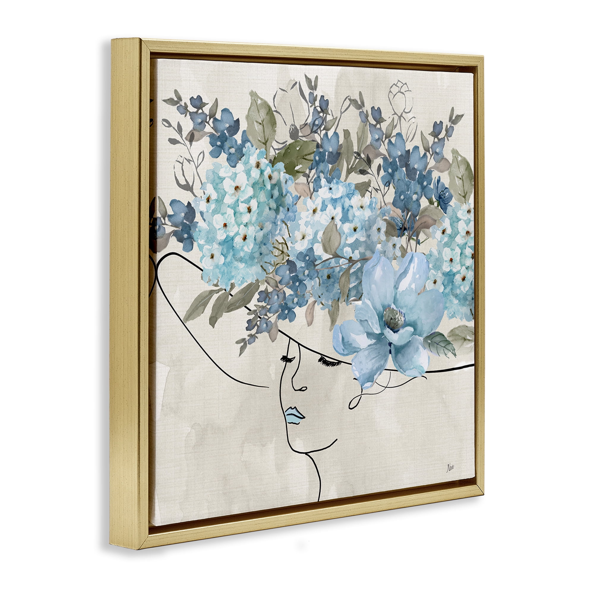 Stupell Industries Blue Floral Hat Botanical & Floral Painting Gold Floater Framed Art Print Wall Art, 25 x 25