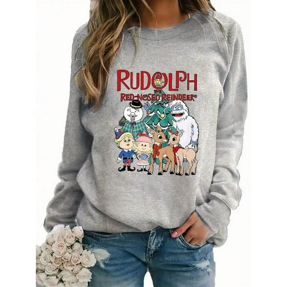 Soft Rudolph Red-Nosed Reindeer Graphic Print Sweatshirt - Women's Casual Long Sleeve Crew Neck - Machine Washable Novelty Design For Fall & Winter Clothes