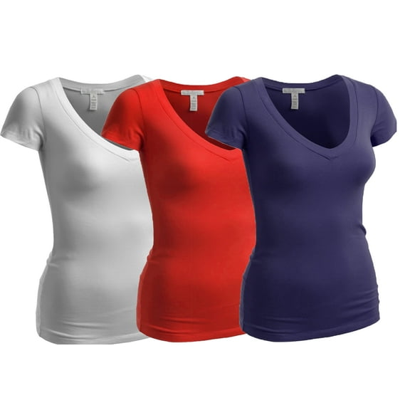 Essential Basic Women's Plain Short Sleeve T-Shirt V-Neck Top Junior & Plus Sizes