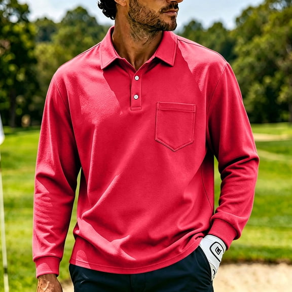 CCRFTGI Mens Polo Shirts Long Sleeve Casual Solid Stylish Designed Collared Golf Polo Shirts for Men Red 2XL