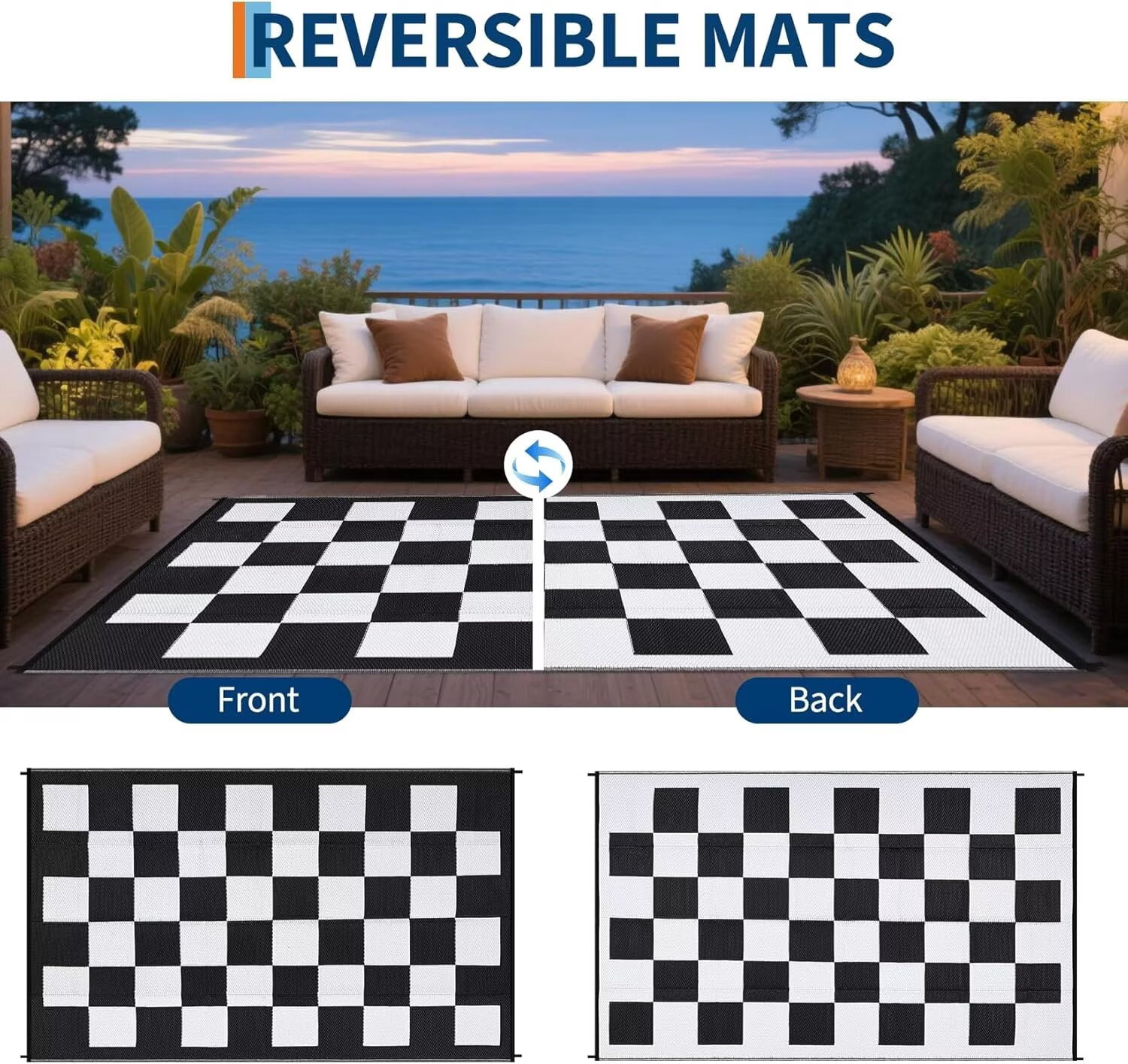 GlowSol 9'x12' Outdoor Rug Modern Checkerboard Plastic Straw Rug Waterproof Reversible Mat Outdoor Rug for Camping Patio Picnic, Black White