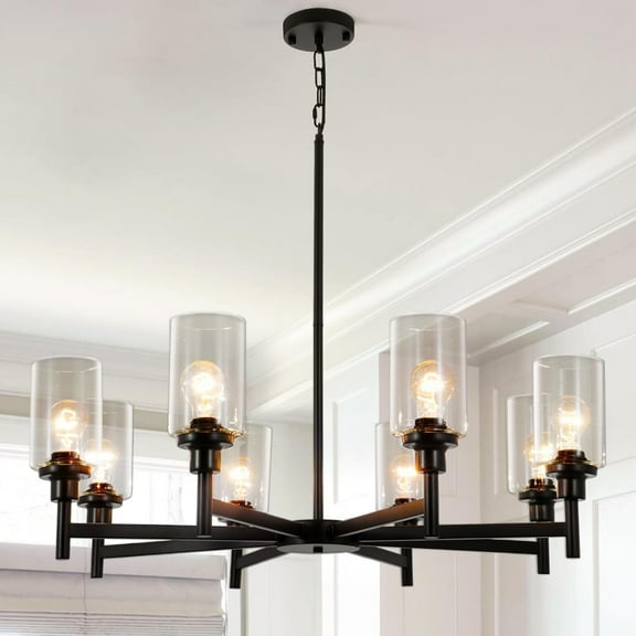 More Change 27.5" Black Chandelier 5 Lights, Kitchen Island Lighting Industrial Chandelier with Clear Glass Shade, Ceiling Pendant Light for Farmhouse Dining Room Living Room Bedroom