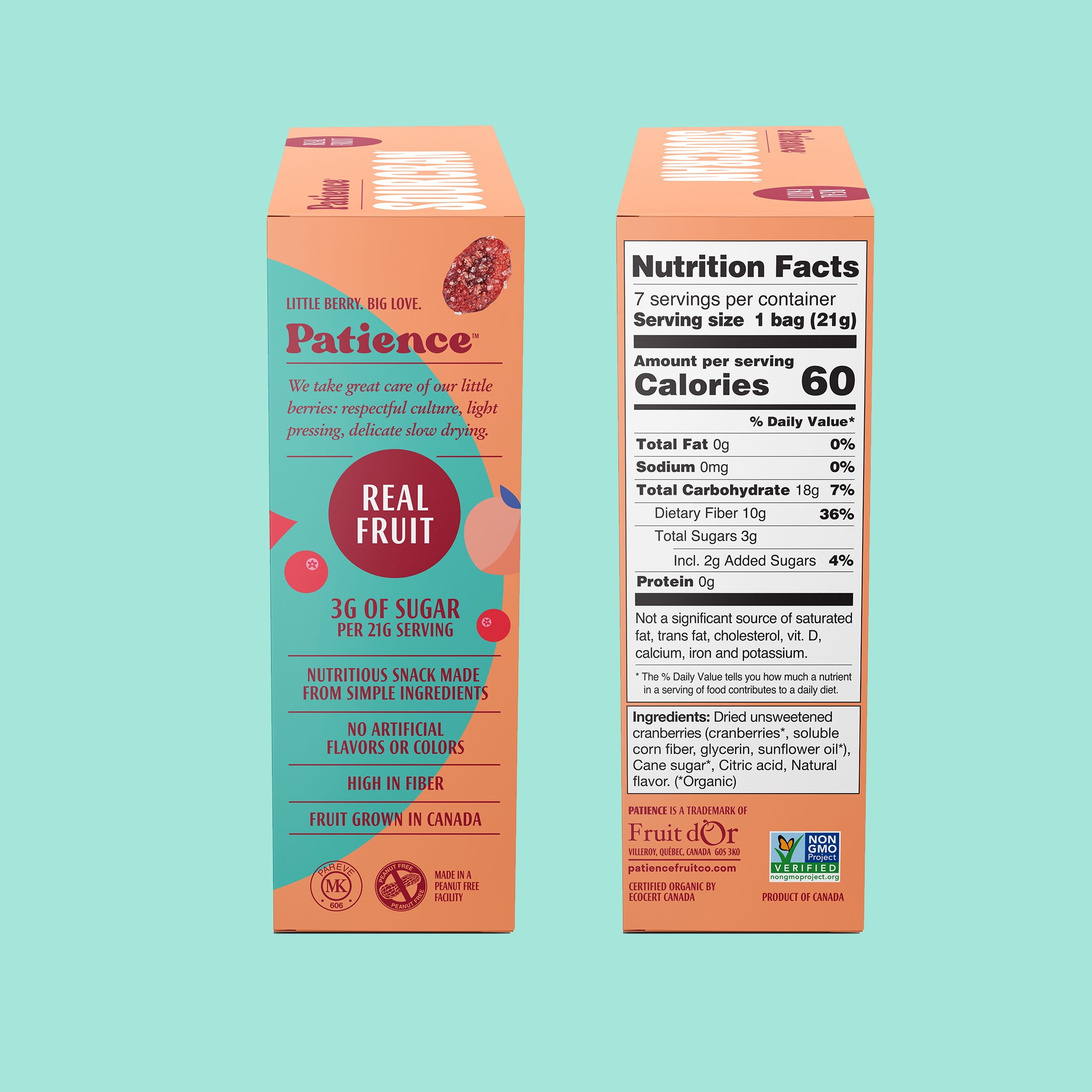 (2 pack) Patience SourCran Dried Cranberry Fruit Snack, Peach Flavor, 0.75 oz Pouch, 7 Count