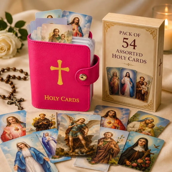 Catholic Holy Card Holder, 5.5x3.9Inch Faux Leather Closure Prayer Card Organizer, 54 Assorted Religious Devotional Cards Set
