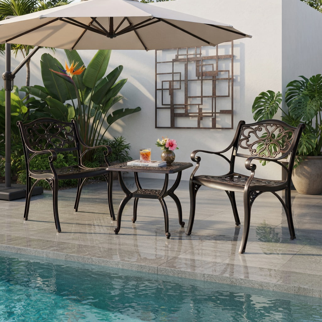 Hommoo 2-Pack Cast Aluminum Outdoor Dining Chairs with Armrests, Weather-Resistant Patio Chairs for Garden, Porch & Poolside, Bronze