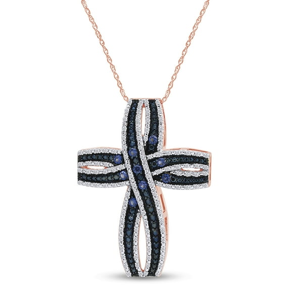AFFY 0.47 Ct Blue Sapphire & CZ Loop Cross Womens Pendant Necklace 14K Rose Gold Over 925
