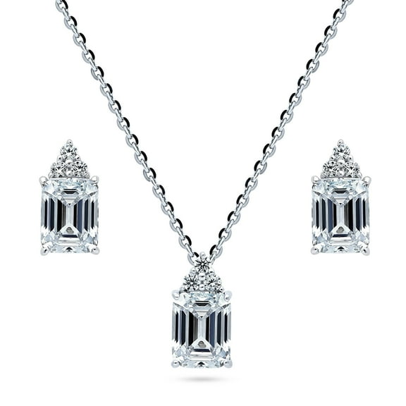 BERRICLE Sterling Silver Solitaire Emerald Cut Cubic Zirconia CZ Fashion Necklace and Earrings Set for Women, Rhodium Plated