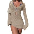 thumbnail image 3 of Robe de Plage Mini au Crochet à Manches Longues pour Femme, par-Dessus de Maillot de Bain, Kaki, m, 3 of 7