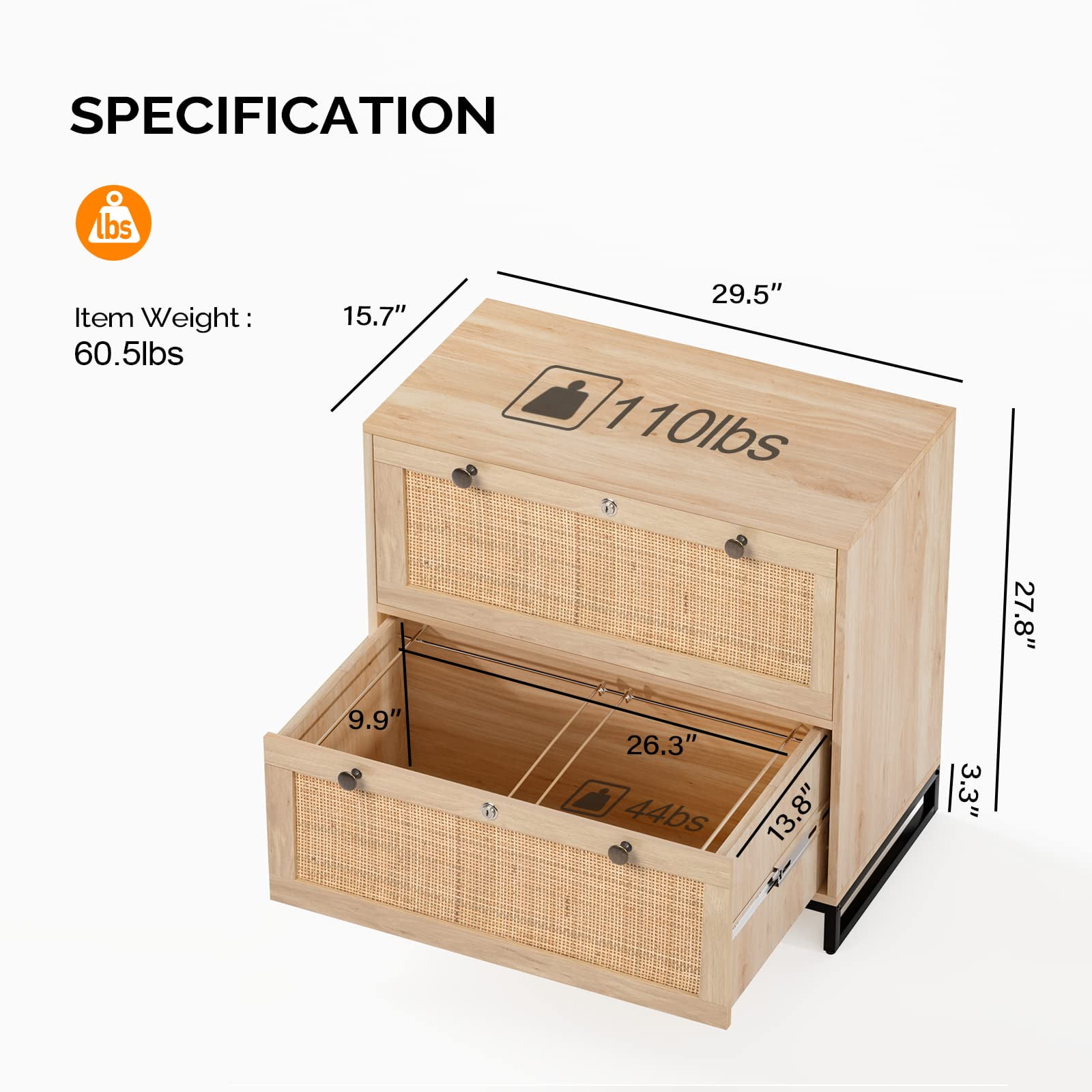 Ktaxon Wood Rattan 2-Drawer Lateral File Cabinet with Lock for Home Office, Lockable Filing Cabinet with Rustic Metal Handles, Oak