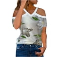 thumbnail image 1 of Camiseta de manga corta con hombros descubiertos y cuello en V con estampado de mariposa informal para mujer a la moda Fridja  hjk5124, 1 of 5