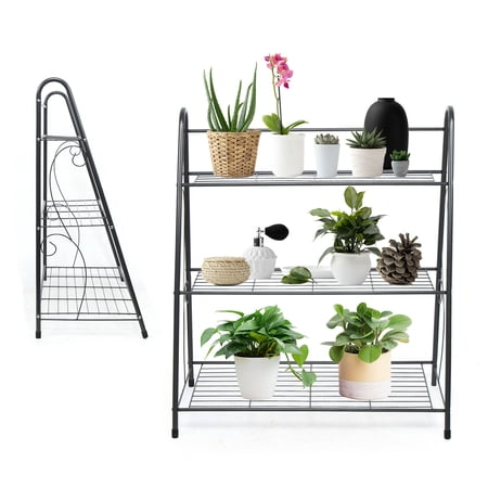 CNCEST 3 Tier Black Metal Plant Stand Ladder Shaped Flower Pot Holder Indoor Storage Shelf