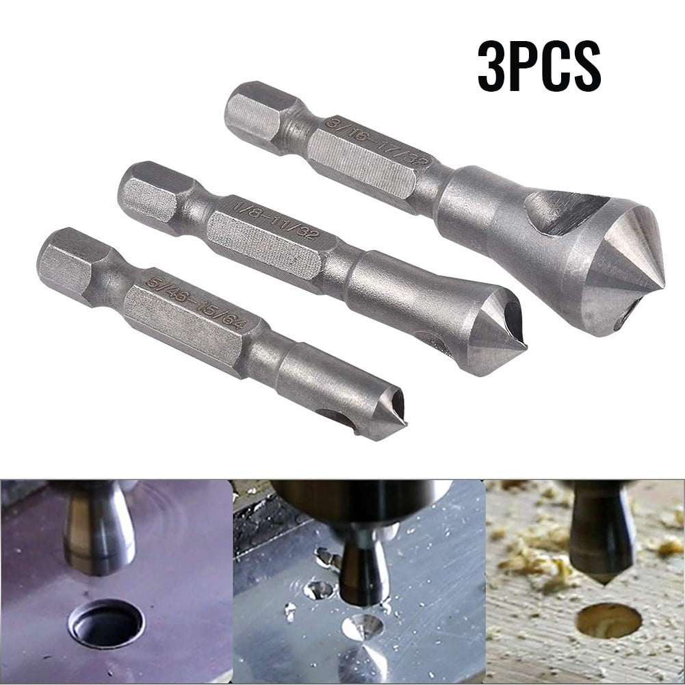 3x 90°Inches Size 1/4" Hex Shank Wood Chamfer Countersink Bit Set Deburring Tool 