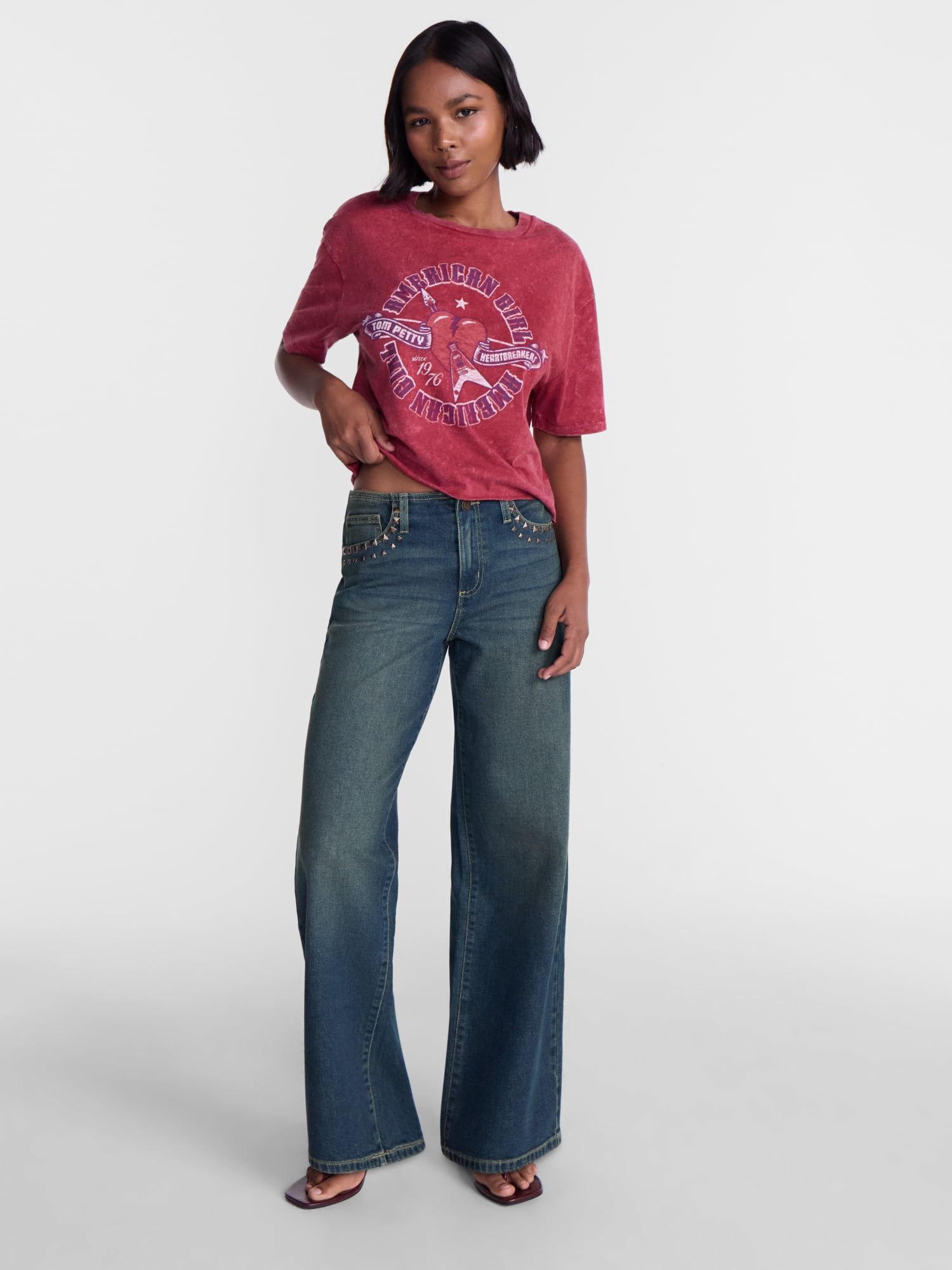 No Boundaries Studded No Waist Baggy Jeans, 31.5'' Inseam, Women's XXS-XXL
