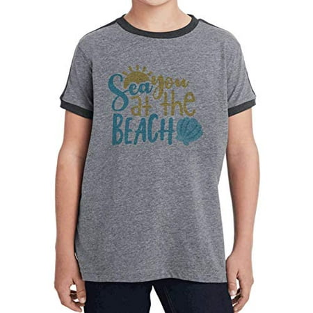 

7 ate 9 Apparel Kids Funny Sea You at The Beach Grey Retro Ringer Tee