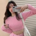 thumbnail image 3 of Women's Crop Top Sweater Soft Warm Furry Sweater Pullover O-Neck Long Sleeve Fuzzy Top Slim Fit Knitted Sweater, 3 of 7