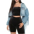 thumbnail image 1 of Chaqueta vaquera sin mangas para mujer, chaqueta vaquera larga, holgada, desgastada, con flecos, abrigo vaquero corto con espalda rasgada y nudo, chaqueta vaquera para mujer, 1 of 6
