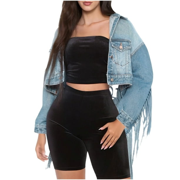 Chaqueta vaquera sin mangas para mujer, chaqueta vaquera larga, holgada, desgastada, con flecos, abrigo vaquero corto con espalda rasgada y nudo, chaqueta vaquera para mujer