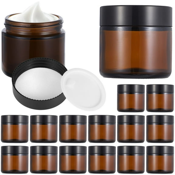 16 PCS Brown Glass Jars, 60ml Brown Glass Ointment Jars with Screw-on Lids, Travel Cream Glass Jar, Mini Leakproof Glass Jar with Lid, Airtight Container for Skin Care Cosmetic, Coffee, Tea
