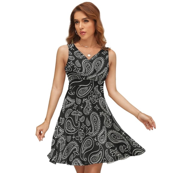 Black Paisley Bandana Pattern Sleeveless Dress Women Summer Evening Dresses Ladies Sundress