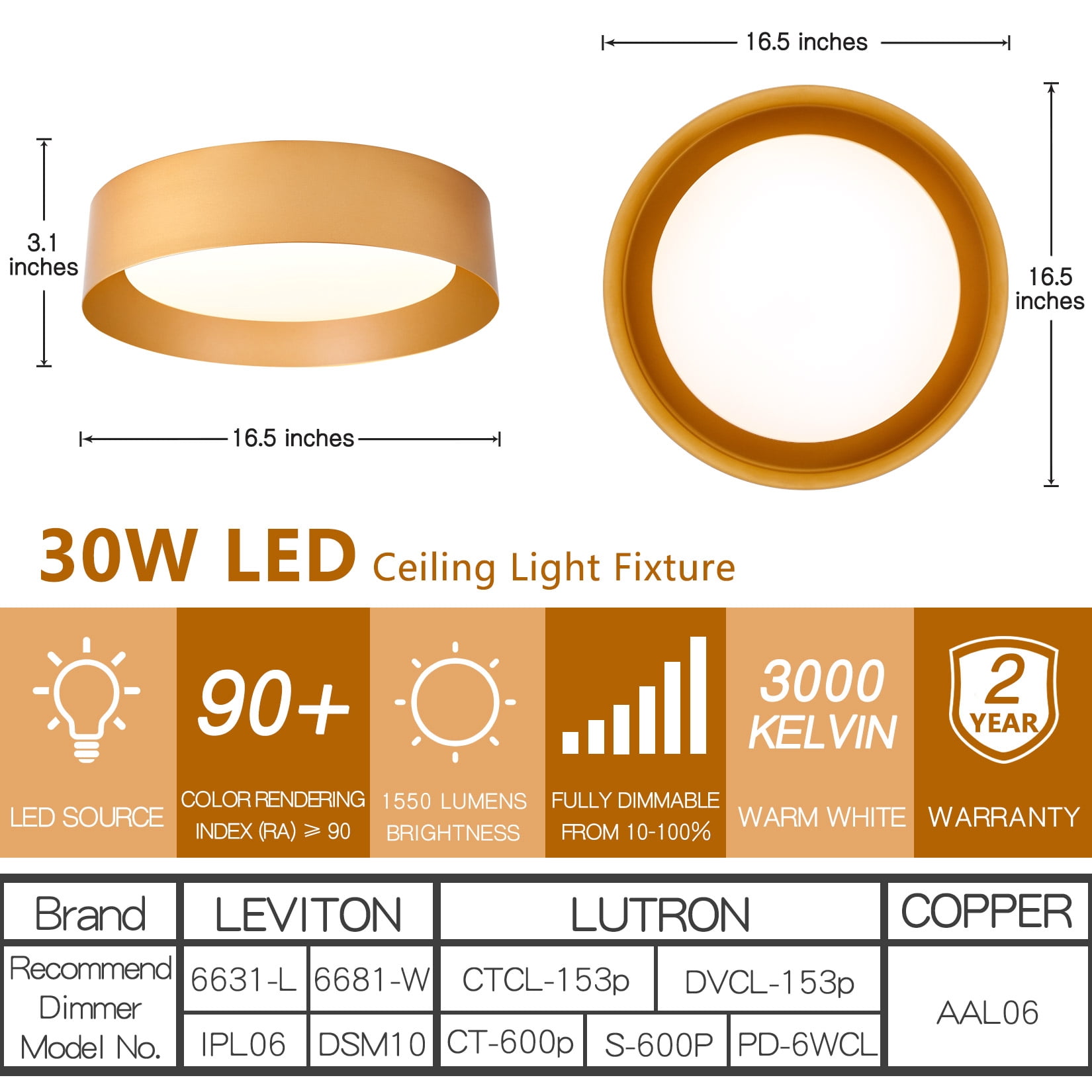 BESTOMINE Flush Mount Ceiling Light,16.5 inch LED Ceiling Light Fixture,Polished Gold Finish,Light Fixtures Ceiling Mount,Light Fixtures,Dimmable/3000K/18W,Outdoor Flush Mount Lighting Fixtures