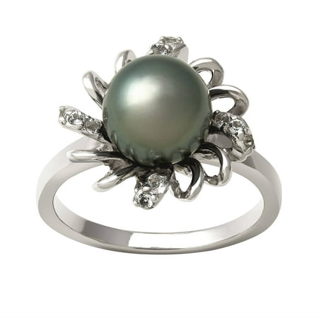 9-10mm 3/4-Cut Tahitian Black Pearl and White Topaz Sterling Silver Flower Ring, 18