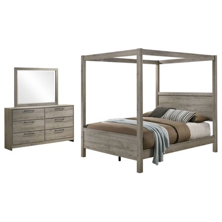 Manhattan 3 Piece Canopy Bedroom Set King Light Gray Wood Modern Canopy Bed Dresser Mirror