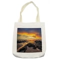thumbnail image 1 of Beach Tote Bag, Colorful Majestic Sunrise Sky over Ocean with Rock Calm Seacoast Photo, Cloth Linen Reusable Bag for Shopping Books Beach and More, 16.5" X 14", Cream, by Ambesonne, 1 of 2