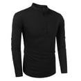 thumbnail image 2 of Men Cotton Linen Shirt Long Sleeve Stand Collar 1/3 Button Pure Color Breathable Loose Shirt Black Black L, 2 of 8