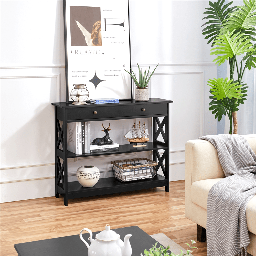 FullFurnique Versatile Entryway Table with 1 Drawer and 2 Open Shelves, Black