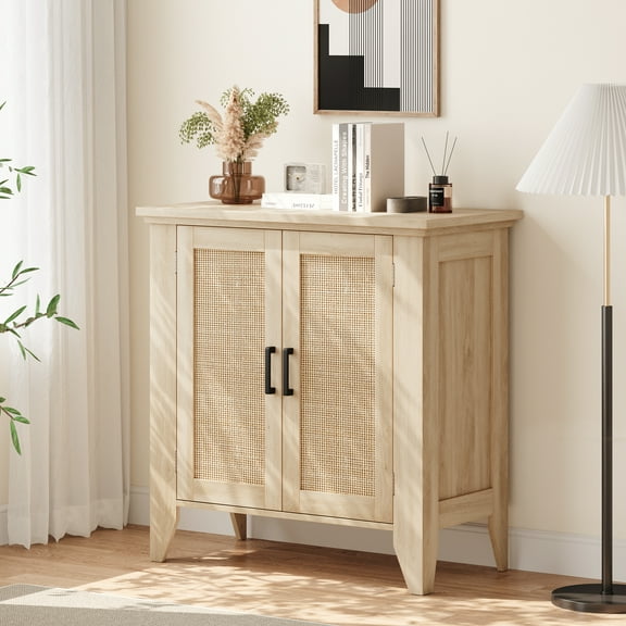 EastVita Rattan Storage Cabinet with Doors and Shelves,Sideboard,Entryway Console Cabinet,Wood Furniture,Storage,Wood Grain Color