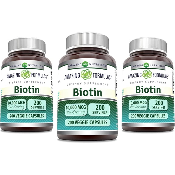 Amazing Formulas Biotin 10000mcg Per Serving 200 Veggie Capsules Supplement | Non GMO | Gluten Free | Made in USA | Suitable for Vegetarians |Pack of 3