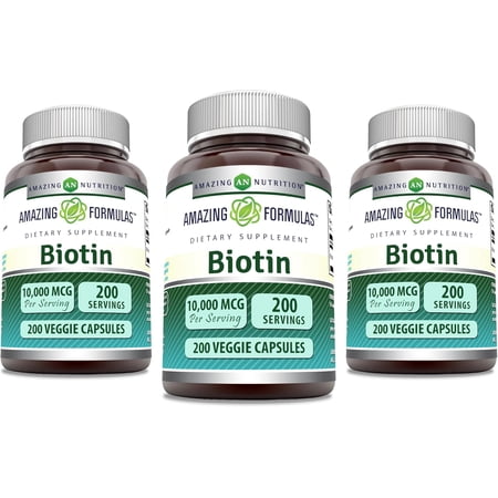 Amazing Formulas Biotin 10000mcg Per Serving 200 Veggie Capsules Supplement | Non GMO | Gluten Free | Made in USA | Suitable for Vegetarians |Pack of 3