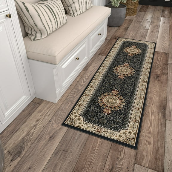 Sensation Traditional 2' x 7' Black and Beige Polypropylene Indoor Area Rug