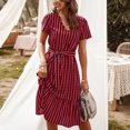 thumbnail image 5 of Xixinqiwan Sundresses for Women 2025 Plus Size,Women's Striped Printed V-Neck Short Sleeve Back Button Tie Waist Ruffle Dress Red M, 5 of 8