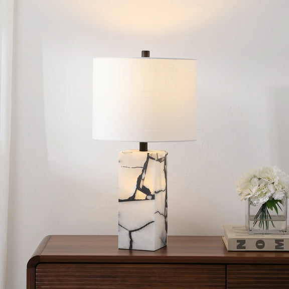 JONATHAN Y Elizabeth 24.25" Contemporary Coastal Alabaster LED Table Lamp with Body Night Light, Black/White, JYL8507A