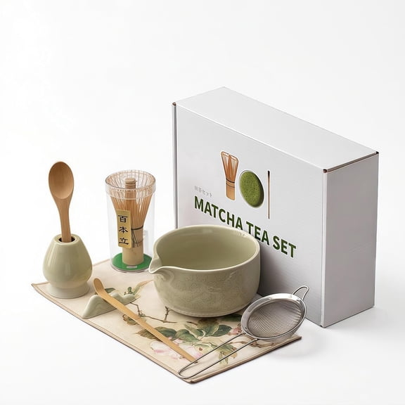 Matcha Tea Set with Ceramic Bowl, Bamboo Whisk & Scoop, Whisk Holder, Matcha Sifter, Scoop Rest, Sakura Cloth – Traditional Japanese Matcha Kit for Tea Ceremony & Matcha Lovers