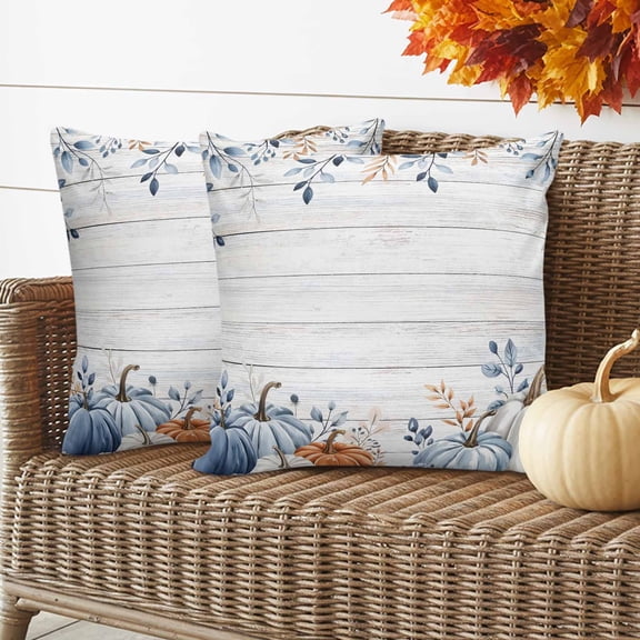 Outdoor Waterproof Pillow Covers Blue Pumpkin Thanksgiving Fall Leaves Decorative Throw Pillow Protectors for Patio Sofa Garden Couch,18x18in 2 Pack