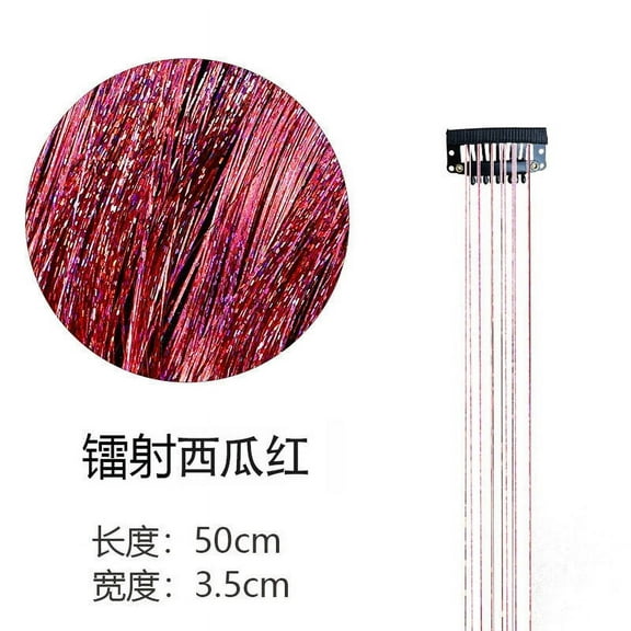 Nvzi-c 8 Pcs Clip in Hair Tinsel , 20 Inch Heat Resistant Glitter Fairy Hair Tinsel Clip in Extensions, Sparkle Strands Festival Gift Party Hair Accessories for Women Girls，Watermelon Red