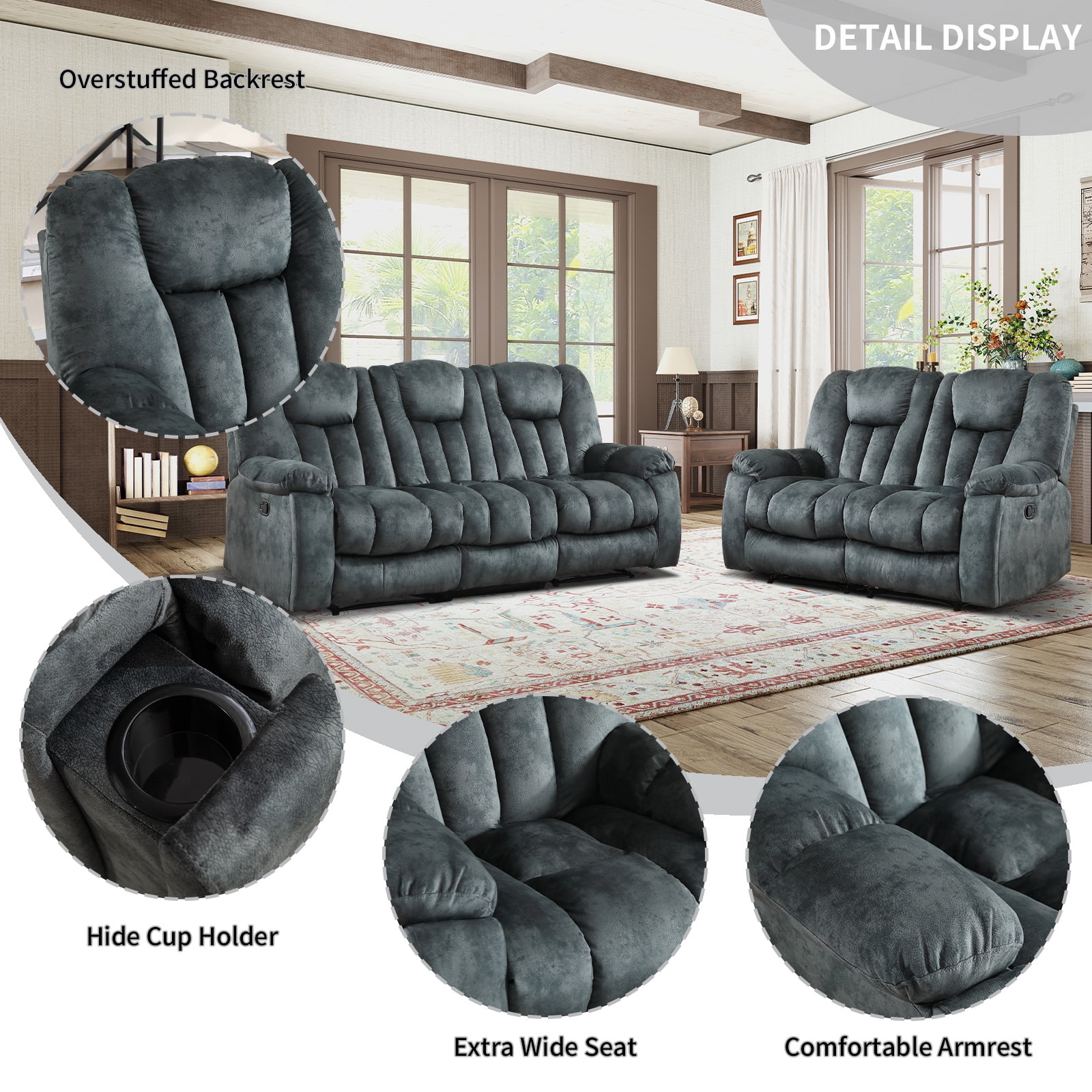 Bonzy Home 2-Piece Manual Recliner Sofa Set, Overstuffed Reclining Loveseat and Wide 3PC Recliner Chairs Sofa for living room, Olive-green
