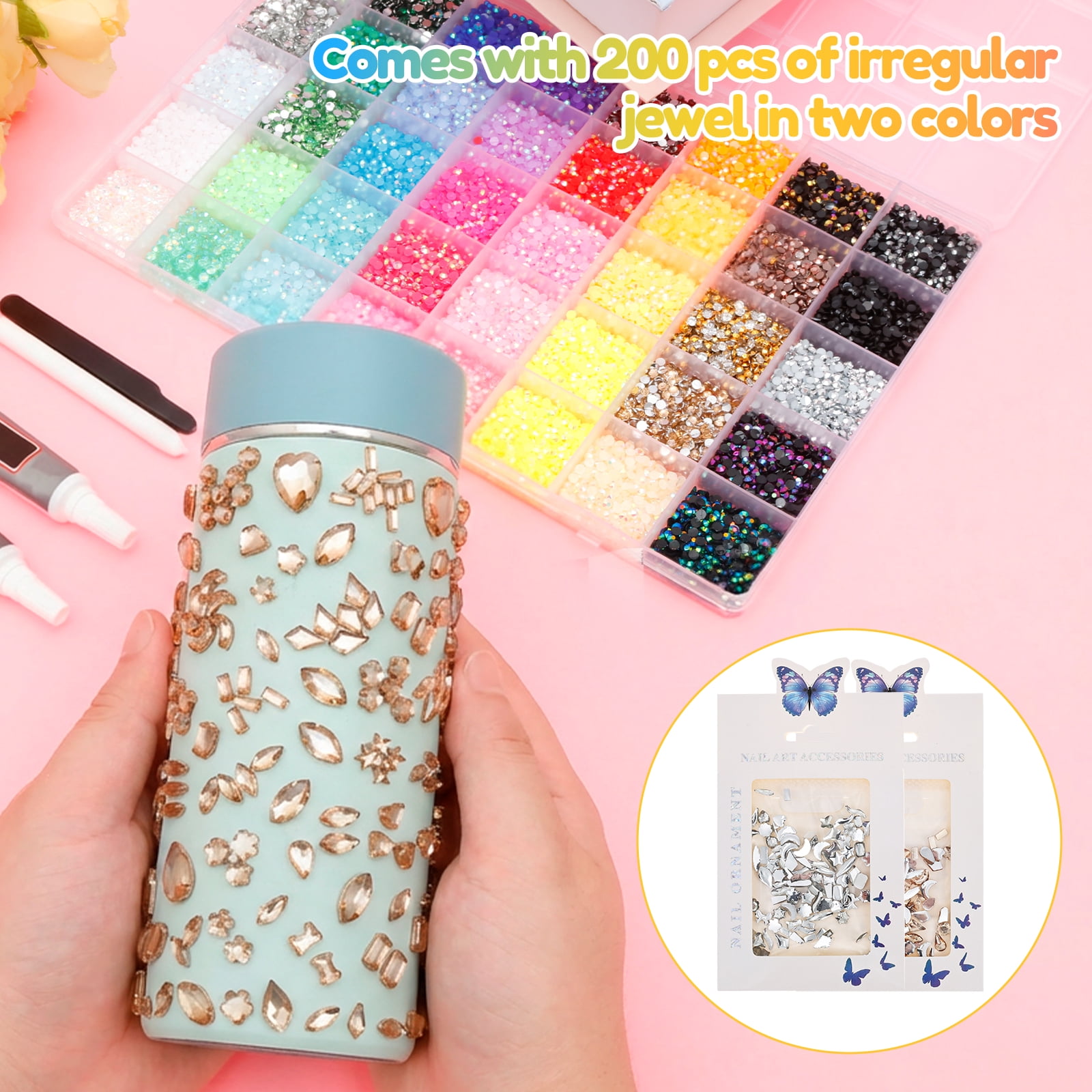 32000Pcs Resin Rhinestones with B7000 Jewelry Glue for Bedazzling Crafting, Rainbow Crystals Flat Back Gems with Craft Adhesive for DIY Graduation Cap Clothes Tumblers Shoes Nails and Face
